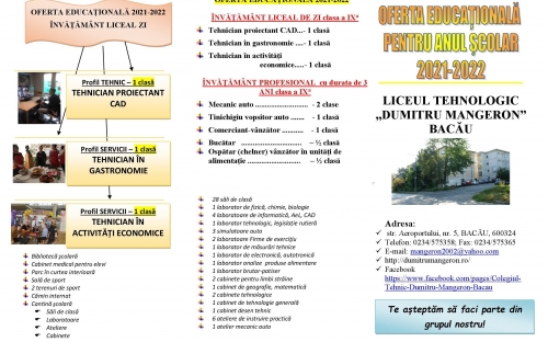 OFERTA EDUCATIONALA LICEU, PROFESIONALA 2021-2022 image 1